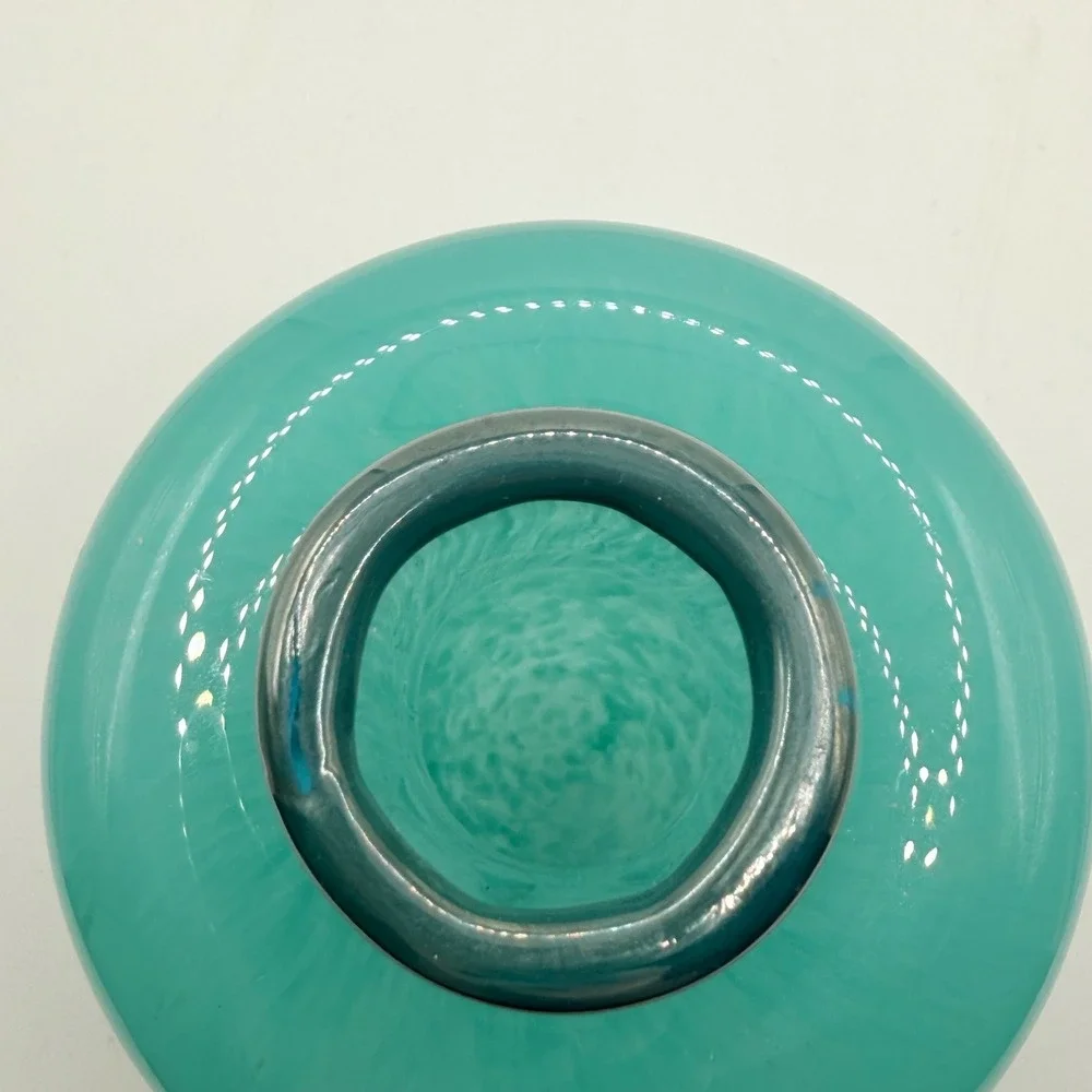 Hand-Blown Glass Vase‎ Home Decor Medium Turquoise Swirl Silver Rim Modern